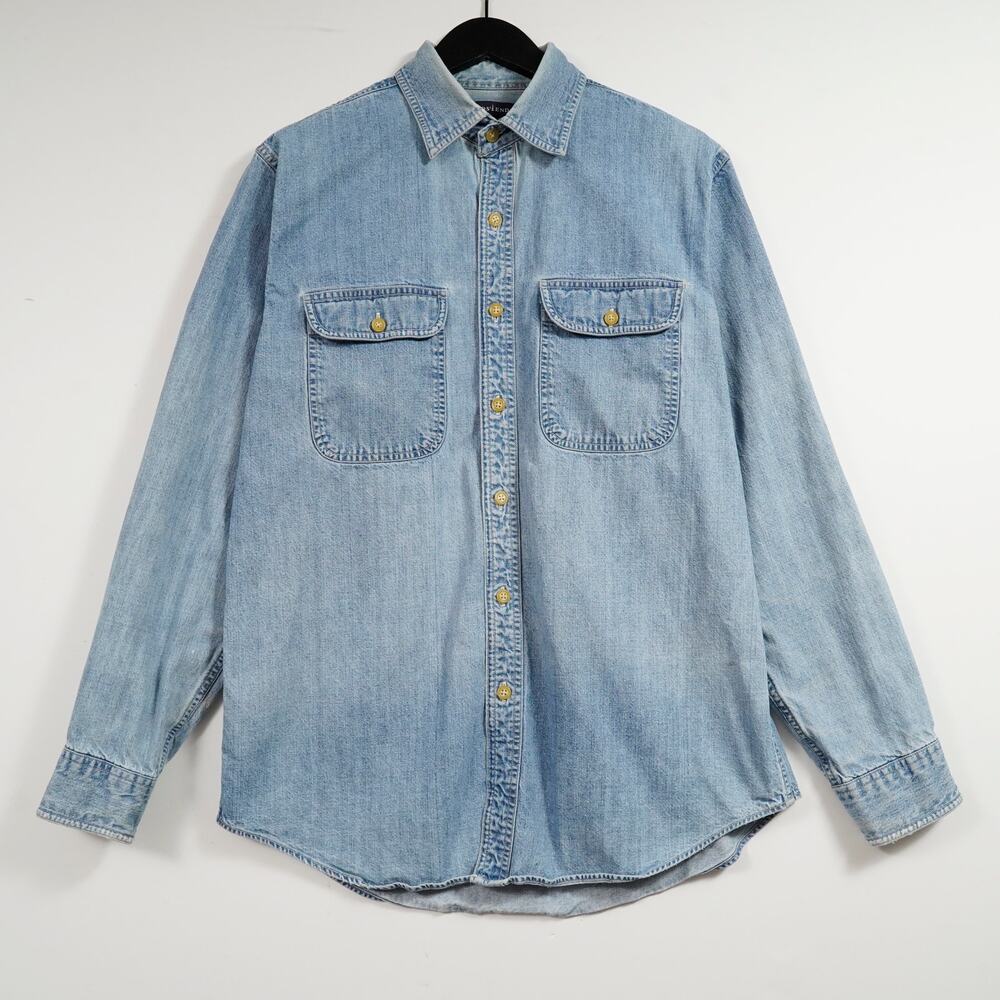 Lands’ End Denim Button Down Shirt Medium Light Wash Distressed